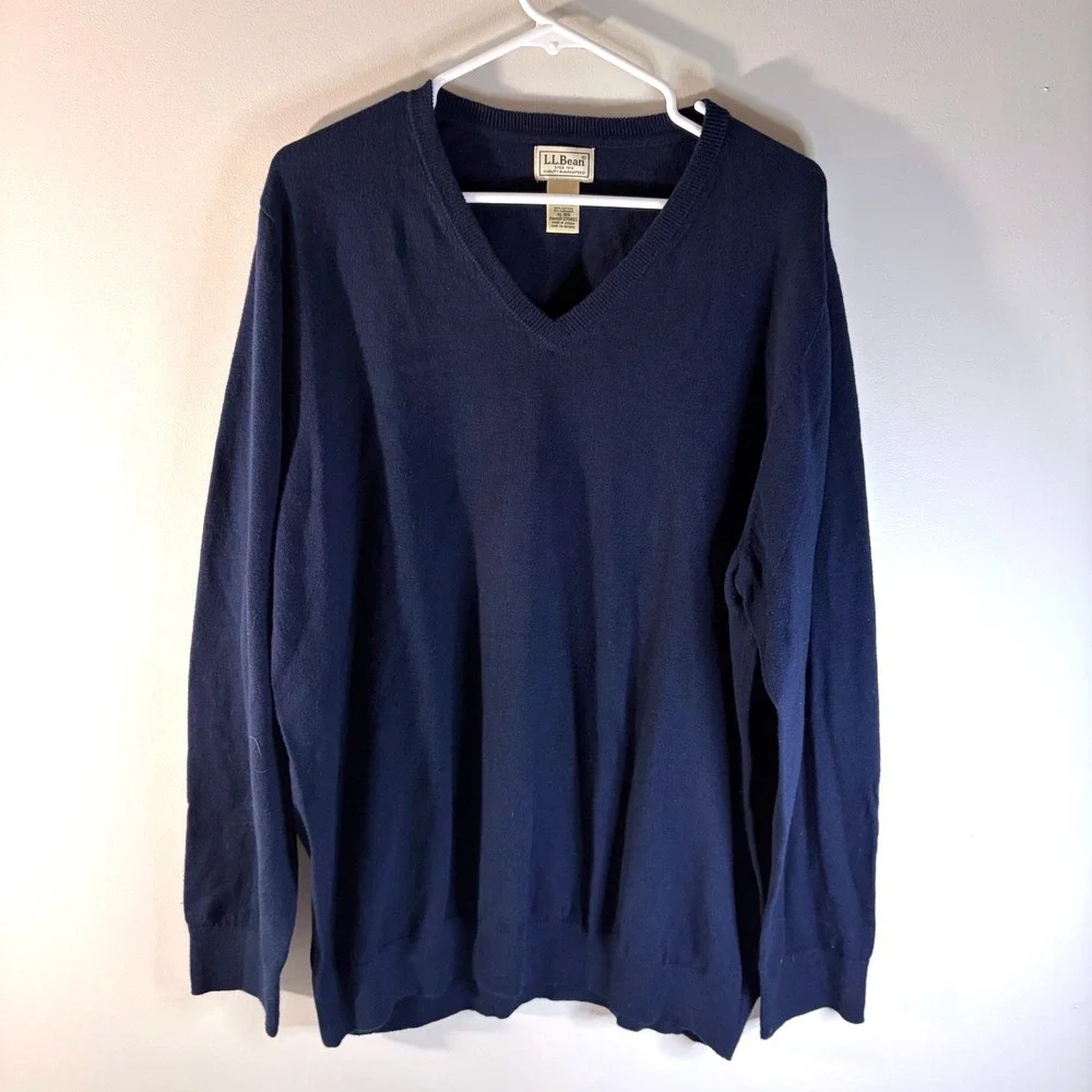 Vintage LL‎ Bean Mens Navy Blue V-Neck Cashmere Cotton Blend Sweater Pullover